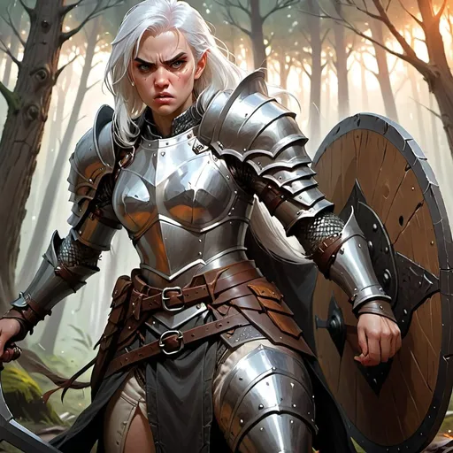 Prompt: strong white haired female with angry look wearing plate armor, facial scar, in dnd character art style, background forest, warm lighting, by Hyung-tae Kim and Krenz Cushart and artgerm on artstation, portrait 3/4 view, d&d, dnd, dungeons and dragons