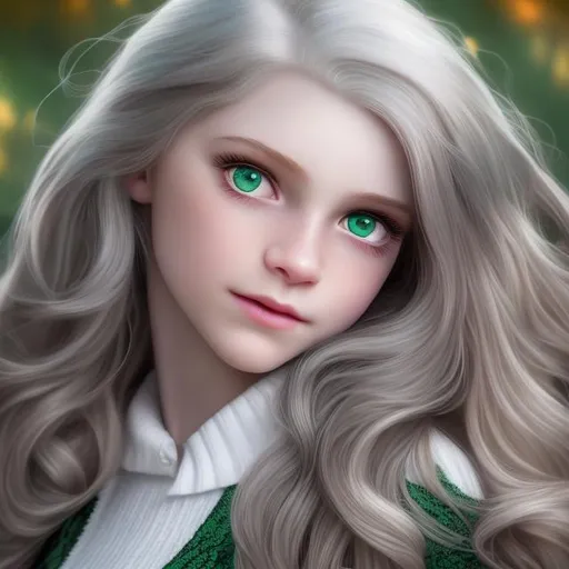 Prompt: Hyper realistic portrait of a stunning 16 year old girl with long white hair and multicolored eyes, petite athletic build, wearing a Slytherin sweater and a black school girl skirt, high quality, hyper realistic, detailed white hair, multicolored eyes, Slytherin sweater, athletic build, intense gaze, professional, realistic lighting, vibrant colors, detailed skin texture, artistic, dramatic shadows