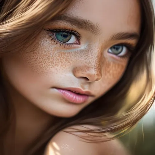 Prompt: Hyper-realistic, insanely beautiful twelve-year-old girl, freckles, tan skin, seaweed green eyes, long black hair, skinny and athletic, petite, detailed eyes, professional, highres, ultra-detailed, edgy, realistic, intense gaze, detailed features, professional lighting