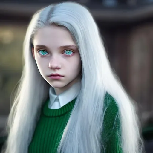 Prompt: Insanely beautiful, 16 year old girl. Long white hair, multicolored eyes. Petite, athletic. Wearing, a Slytherin sweater and a black school girl skirt. Hyper realistic.