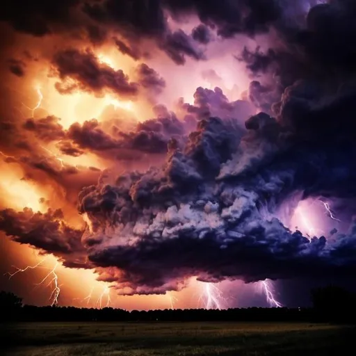 Prompt: Stormy night sky that's clouded with storm clouds. Huge Flames billow violently from the ground. Dozens of lightning bolts striking at the ground. Gorgeous. Hyper realistic