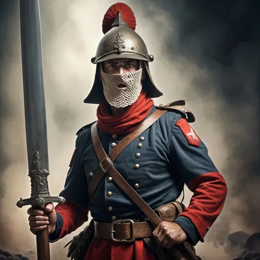 Prompt: Fantasy illustration of a WW1 Zouave soldier, adorned in army harness, wielding a massive sword, obscured face behind warrior helmet, detailed historical attire, high quality, fantasy, military, detailed sword, dramatic lighting, historical, rugged and weathered atmosphere