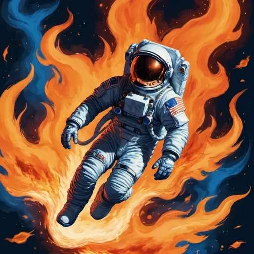 Prompt: A astronaut flying in the air with a background full of flames and terror. With blue and orange as background colors