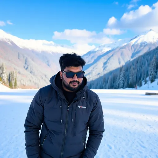 Prompt: Jayakumar in the Himalayas, cold weather, ice ambiance, snow-covered peaks, breathtaking landscapes, chill atmosphere, misty air, adventure, serene quietness, wearing winter gear, surrounded by frosty trees, clear blue sky, dynamic lighting, crisp air, ultra-detailed, high resolution, travel photography style.