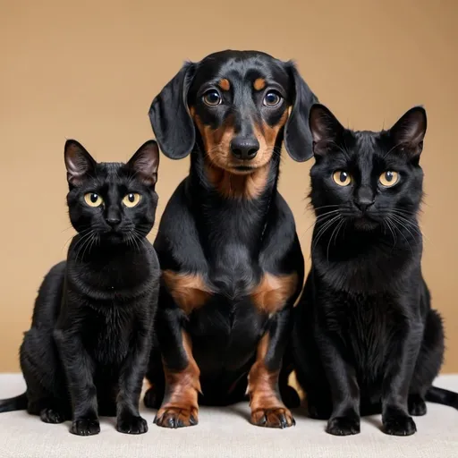 Prompt: Mini all black dachshund sitting with an all black cat and a calico cat