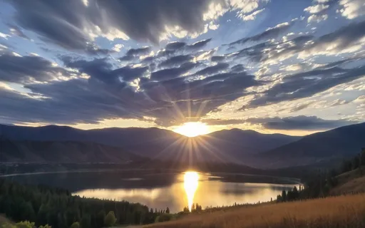 Prompt: a beautiful sunset over a lake with mountains in the background and clouds in the sky above it, with the sun shining through the clouds, Elbridge Ayer Burbank, dau-al-set, sunrise, a picture