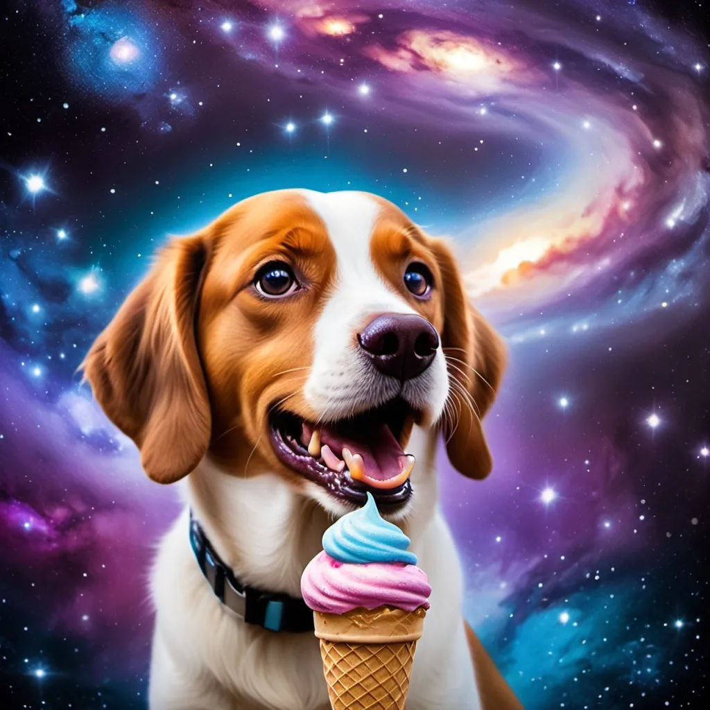 Prompt: Dog in galaxy sta eat ice-cream