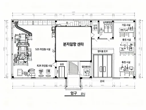 Prompt: A professional 2D CAD architectural drawing of the 1st Floor plan for a large research facility named '분자접합 센터'. The overall shape is a large rectangle. At the bottom center, there is a main entrance labeled '입구' leading into an open lobby area labeled '로비'. This lobby connects directly, without dividing doors, to a central core block. The central core contains stairs, optimized smaller male and female restrooms labeled '남자화장실' and '여자화장실' with individual toilet stalls, and two elevators: the left one is a standard passenger elevator labeled '엘리베이터', and the right one is a large freight elevator labeled '장비용 E/V' with wide double doors. To the left side of the building are huge open spaces labeled 'S2S 파일럿 시설' and 'R2R 파일럿 시설', filled with detailed icons of heavy industrial machinery, conveyor belts, and equipment footprints. To the right side are '가공 시설' (Processing Facility) furnished with workbenches and tools, and '측정 시설' (Measurement Facility) furnished with precision lab instruments and tables. The drawing style is a black and white blueprint schematic with precise lines, dimension markers, and clear Korean text labels for all rooms and facilities.