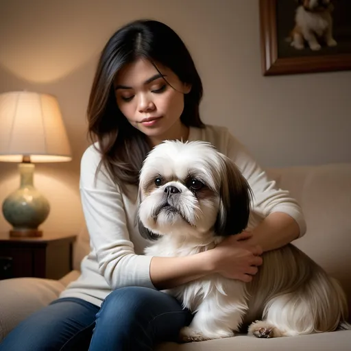 Prompt: Generate an image of a shih tzu and its female owner in a serene setting, perhaps a cozy room with soft lighting. The Shih Tzu is nestled close to its owner, who sits quietly, gently resting a hand on the dog's back. The owner’s expression is reflective, capturing a sense of deep connection and contemplation. Over this image, you could overlay the quote in an elegant, subtle font to enhance the melancholic tone.