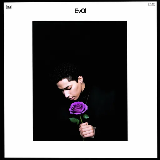 Prompt: Album cover with black background and a black,curled haired guy with his head bowed down holding a purple rose, with the title "EvOl" at the top