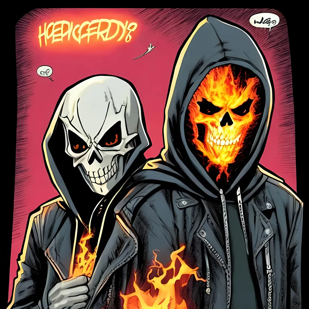 Prompt: Ghost rider and teenage girl in hoodie are friends. High five 