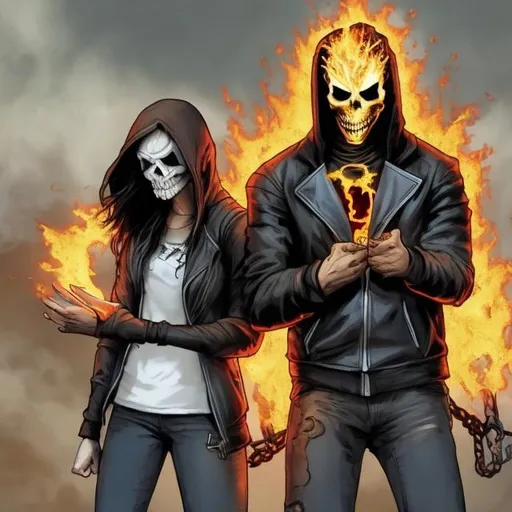 Prompt: Ghost rider and human teenage girl with brown hair in hoodie are friends. Team