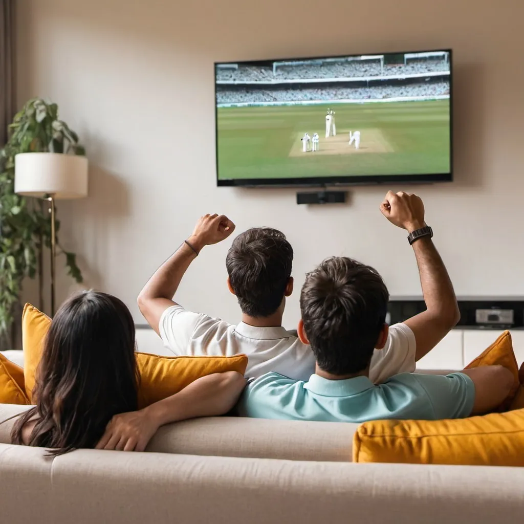 Prompt: 2 ppl watching cricket match on couch make it feel real
