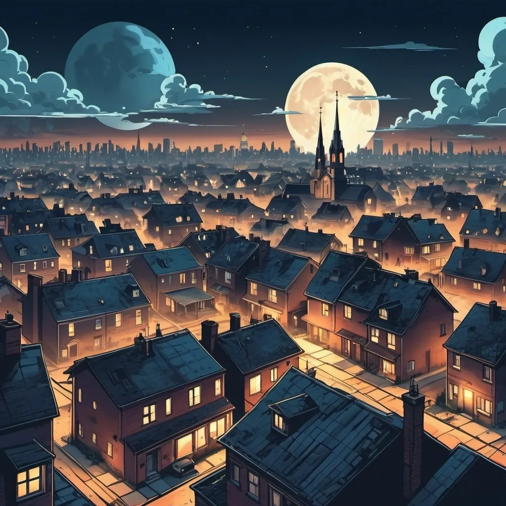 Prompt: view of a modern metropolis from above, roofs of houses and steam from pipes are visible, different buildings churches banks residential, night time, huge moon, 2D comic style