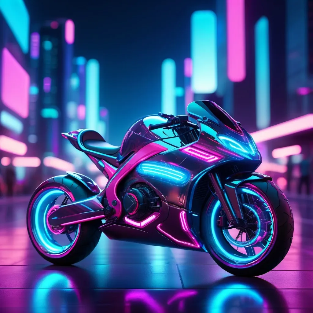 Prompt: cyberbike with neon lights, shiny steel, sport bike design