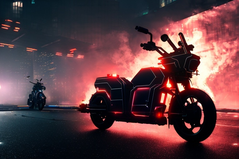 Prompt: police cyberbike with combat mechanical guns on the sides, dark military style with combat defects, fire with smoke from the explosion, retro cyber style