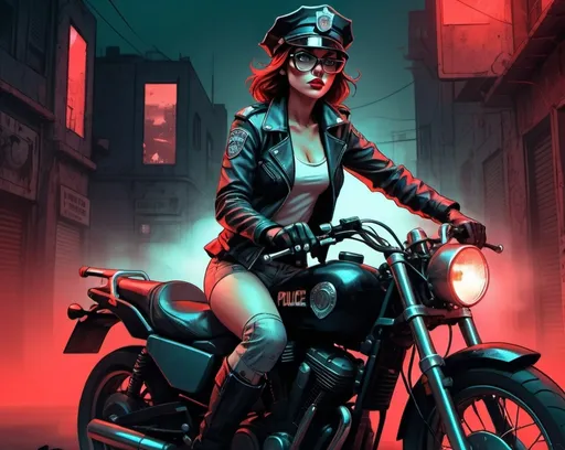 Prompt: police girl on a motorcycle, with bigger glasses and a police hat, abandoned quarter of a futuristic city, ghetto, retro futuristic red lights through the fog, noir comics, 2D comic book style