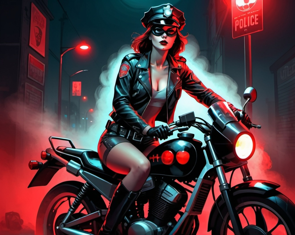 Prompt: pretty police-girl sitting on cyberbike and holds a biker helmet in hands, red lights through the fog, noir comics, 2D comic book style