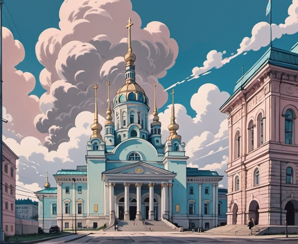 Prompt: museum background in Kyiv, architecture, delicate colors, 2D comic book lines, anime style