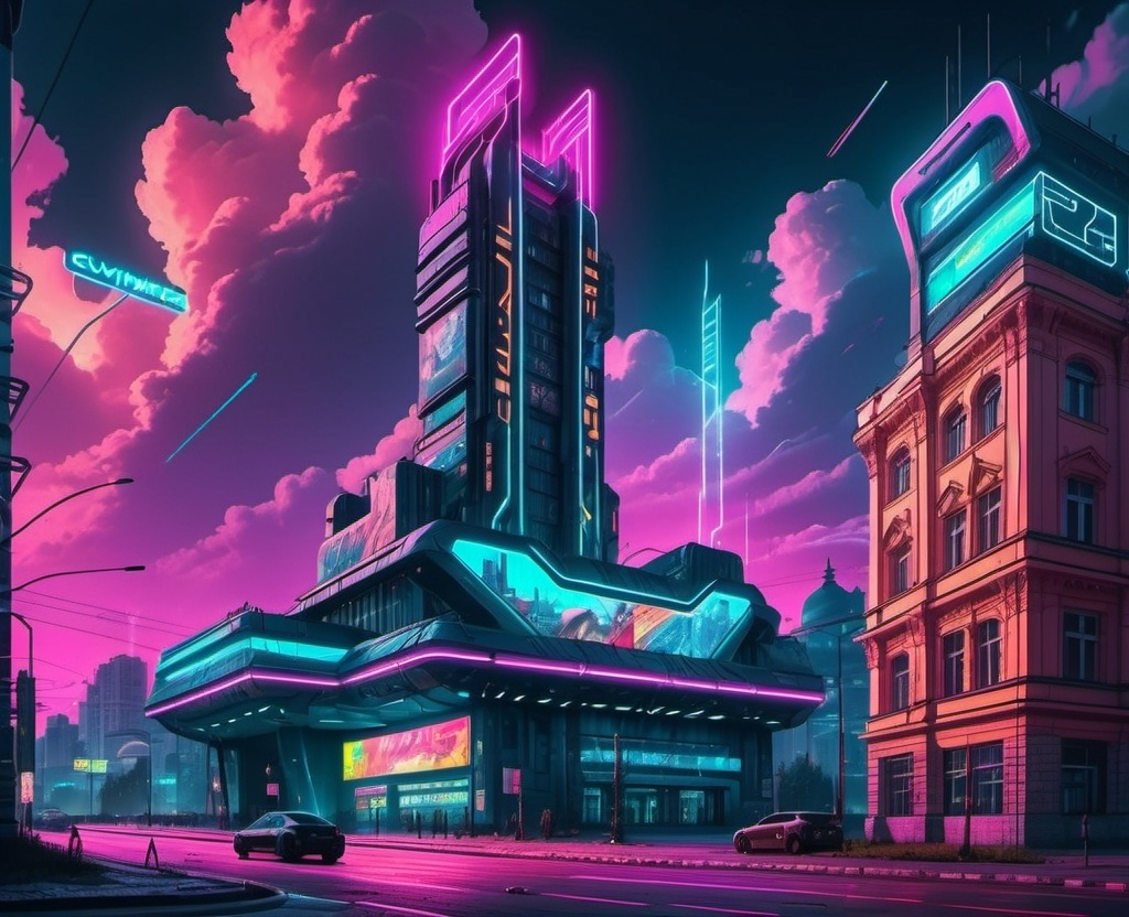 Prompt: museum background in Kyiv, modern architecture, neon night lights, cyberpunk,  2D comic book lines, anime style