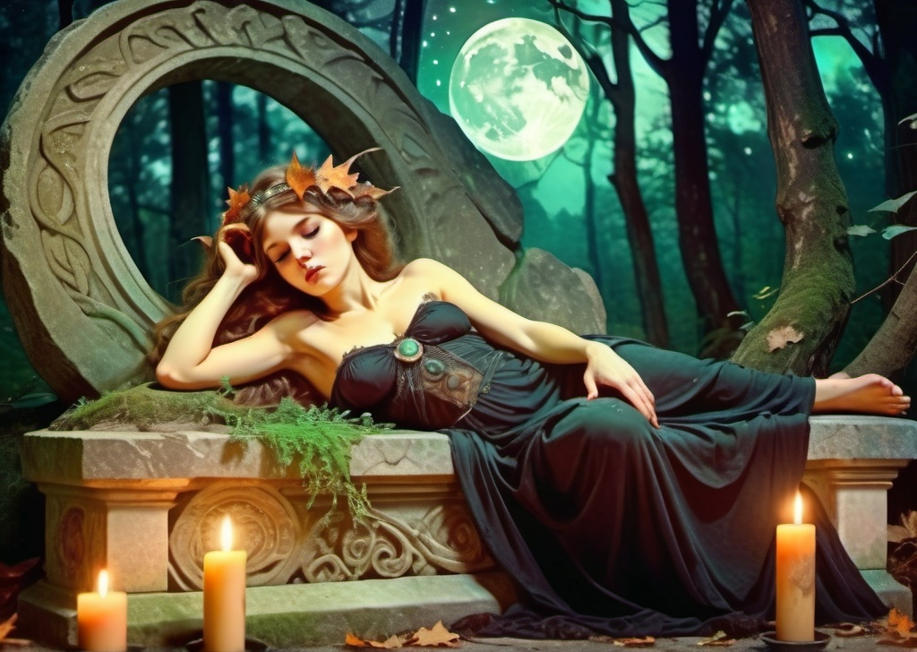 Prompt: beautiful witch lies on ancient stone altar in forest, beautiful body, sad look, cover, night, retro style