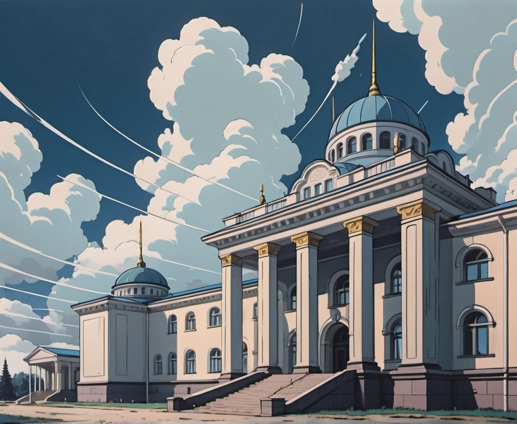 Prompt: museum background in Kyiv, architecture, delicate colors, 2D comic book lines, anime style