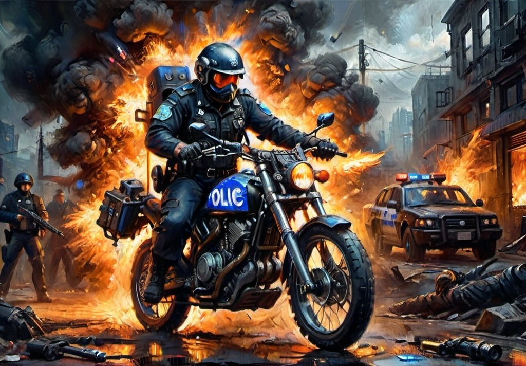 Prompt: police cyberbike with combat mechanical guns on the sides, dark military style with combat defects, fire with smoke from the explosion, cyber style