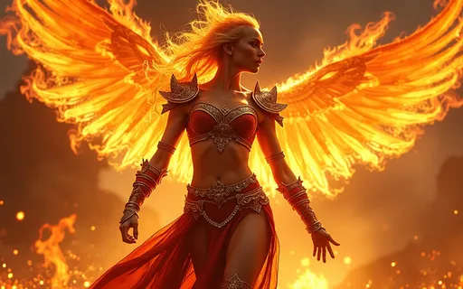 Prompt: fire girl warrior with stone skin and instead of hair a flame of fire,  armor with gilded patterns and fire, superpower is fire, embodiment of the Phoenix reborn from volcanic ashes, dynamic pose