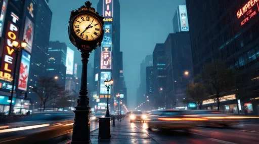 Prompt: A street clock with Roman dial on a pedestal shows 11:56, there are street lamps nearby, it's raining. Modern high-rise buildings stand behind. Blurred silhouettes of cars drive past at high speed, only their traces of light are visible. The atmosphere is filled with magic, hope and warm memories in a modern city with neon signs. The cinematic effect creates a dynamic perspective.