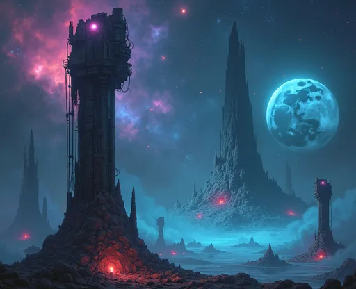 Prompt: cosmic expanses, abandoned old space station of alien civilization in the background, full moon, otherworldly space landscapes, Colorful nebulae, cosmic night, artifacts among stones rocks and asteroid craters, poisonous flowers, cyberpunk, neon lights and neon signs defects, dynamic brush strokes, dark atmosphere, rich shadows, rich contrast, detailed architecture