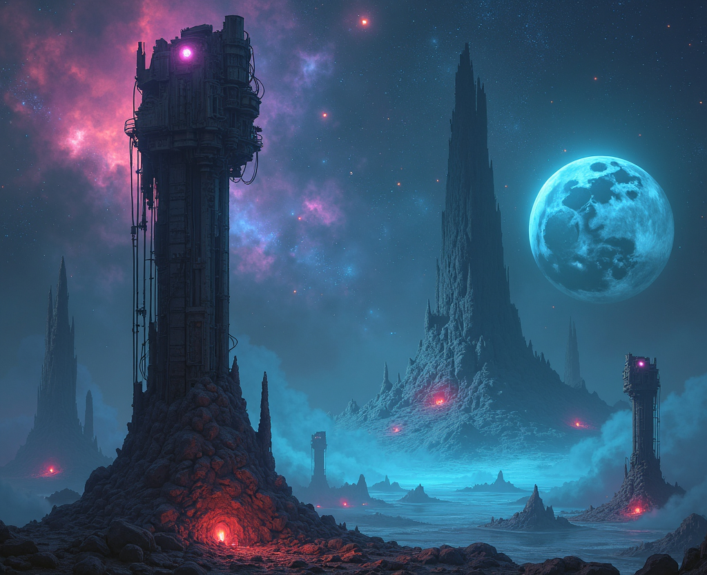 Prompt: cosmic expanses, abandoned old space station of alien civilization in the background, full moon, otherworldly space landscapes, Colorful nebulae, cosmic night, artifacts among stones rocks and asteroid craters, poisonous flowers, cyberpunk, neon lights and neon signs defects, dynamic brush strokes, dark atmosphere, rich shadows, rich contrast, detailed architecture