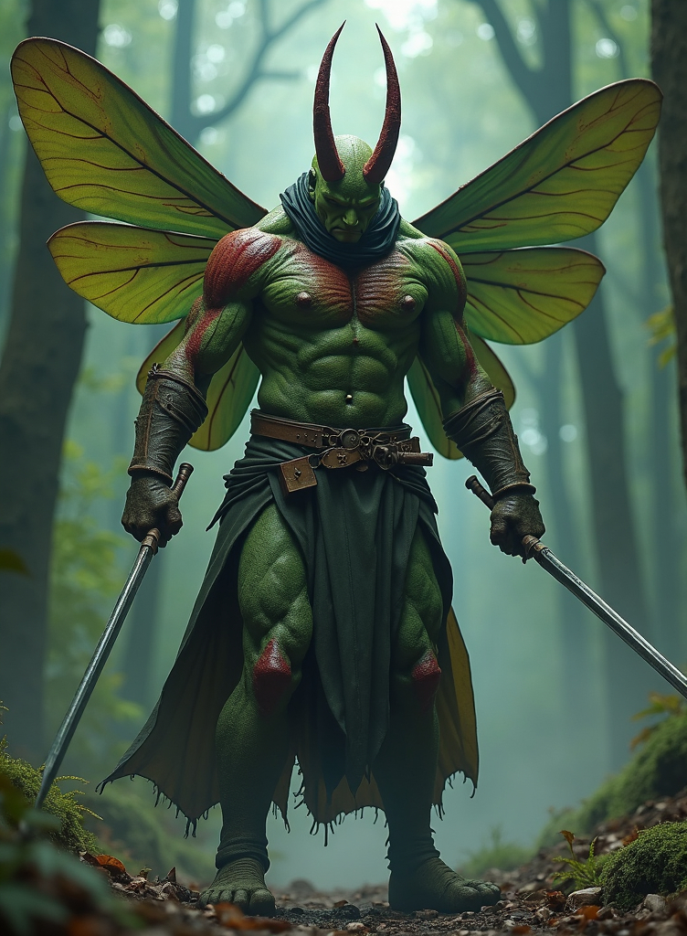 Prompt: mutant of man and insect, a man with the anatomy of an insect (four arms, two legs, wings), elements of medieval armor, greenish skin with flashes of red veins, rough and muscular, holds thin rapiers and is ready for battle, dark shades of mystery,  mysterious forest in the background, dark fantasy, full HD