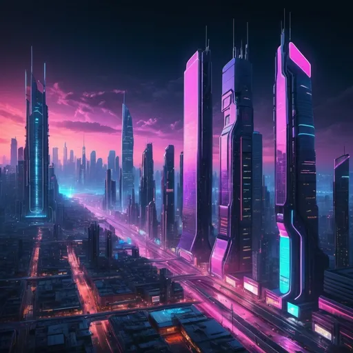 Prompt: Modern cityscape with futuristic architecture, vibrant neon lights, bustling streets, advanced transportation, sleek skyscrapers, high-tech urban environment, best quality, highres, ultra-detailed, cyberpunk, futuristic, vibrant neon lights, modern cityscape, sleek design, professional, atmospheric lighting