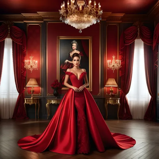 Prompt: Photorealistic image of a woman in a striking red smoky dress, elegant room with a rococo chandelier overhead, inspired by Eva Gonzalès, high-end promotional poster, photorealism, detailed facial features, rich red tones, soft warm lighting, intricate room decor, detailed dress texture, high quality, elegant atmosphere, rococo style, luxurious setting, chandelier, promotional, poster