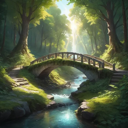 Prompt: a painting of a bridge in a forest with trees and a stream running through it, with a light shining through the trees, Chris LaBrooy, fantasy art, rossdraws global illumination, a detailed matte painting