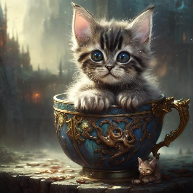 Prompt: detailed matte painting, deep color, fantastical, intricate detail, splash screen, complementary colors, fantasy concept art, 8k resolution trending on Artstation Unreal Engine 5, Highly Detailed Cute Kitten Inside Of A Magical teacup, Beautifully Detailed Fur And Cute Paws, Highly Detailed Atmosphere, soft lighting, sharp focus, by Marc Simonetti & Yoji Shinkawa & WLOP, paint drops, rough edges, trending on artstation, studio photo, intricate details, highly detailed