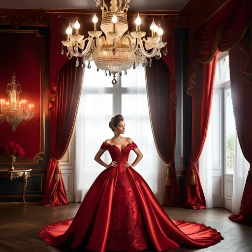 Prompt: Photorealistic image of a woman in a striking red smoky dress, elegant room with a rococo chandelier overhead, inspired by Eva Gonzalès, high-end promotional poster, photorealism, detailed facial features, rich red tones, soft warm lighting, intricate room decor, detailed dress texture, high quality, elegant atmosphere, rococo style, luxurious setting, chandelier, promotional, poster