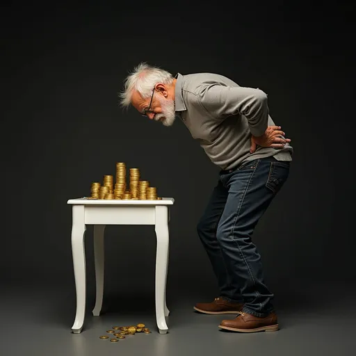 Prompt: dark background, white table with gold coins on the table in stack, one gold coin on the ground, next to the table old man bending for the coin on the ground with hurt back
