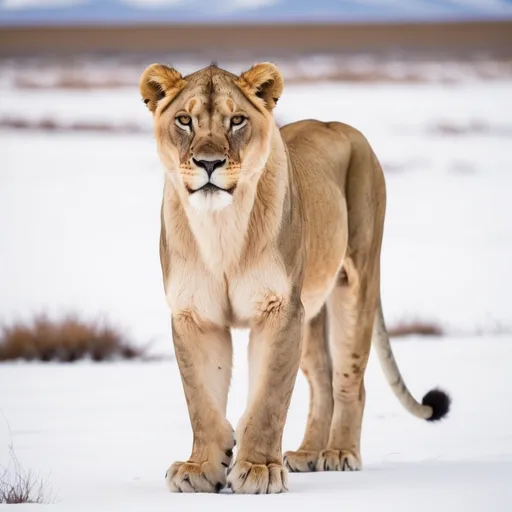 Prompt: Fluffy lioness with pale tan fur, white belly, dark markings underneath the eyes, snow covered tundra background, fullbody.