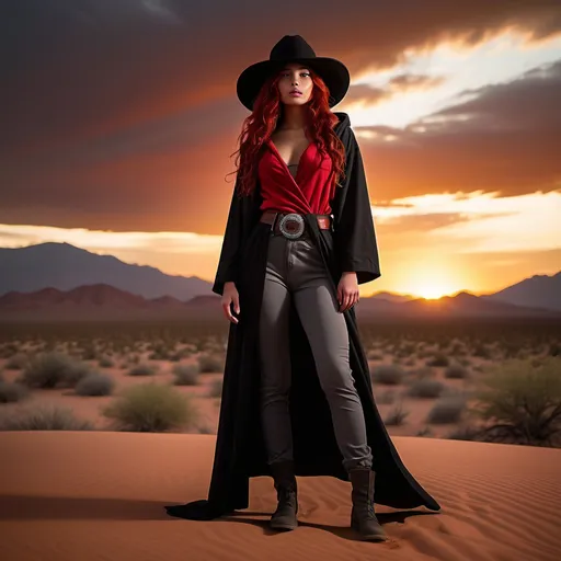 Prompt: pt:
Prompt: mpt: (23-year-old red-haired Latina cowgirl), standing confidently in long black and red hooded robe, black wide brimmed hat, gray pants, belt, full body shot, vibrant desert background at sunset, warm golden and crimson tones illuminating the scene, dramatic shadows, ultra-detailed, capturing an adventurous and daring spirit, dynamic pose, rugged leather boots, striking facial features, showcasing both strength and beauty