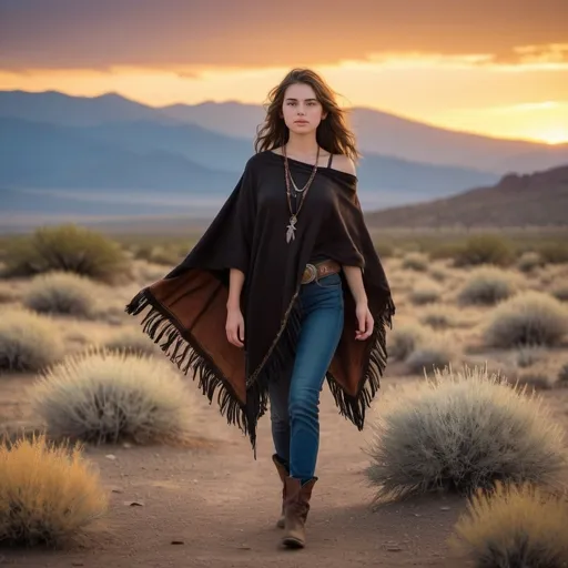 Prompt: Full body image of an 18 year old petite Wild West girl without hat, (soft features), (wispy shoulder-length brown hair), wearing a (black poncho) and (blue jeans), set against a sunset-drenched desert landscape with sagebrush and distant mountains, a warm golden hue in the sky, (dramatic silhouettes), (vibrant colors), (4K), capturing a serene yet adventurous spirit that embodies the essence of the Wild West.