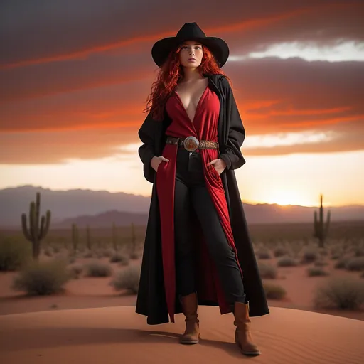 Prompt: pt:
Prompt: mpt: (23-year-old red-haired Latina cowgirl), standing confidently in long black and red hooded robe, black wide brimmed hat, gray pants, belt, full body shot, vibrant desert background at sunset, warm golden and crimson tones illuminating the scene, dramatic shadows, ultra-detailed, capturing an adventurous and daring spirit, dynamic pose, rugged leather boots, striking facial features, showcasing both strength and beauty