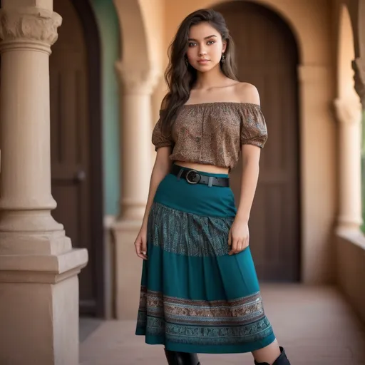 Prompt: (20-year-old girl), detailed facial features, olive skin, striking teal eyes, off shoulder short sleeve shirt, (ankle-length ornately patterned black skirt, black boots), (warm ambiance), adobe building background, soft natural lighting, earthy tones, (high-quality 4K), relaxed and confident pose, casual chic style, harmonious color palette, vibrant yet serene atmosphere.