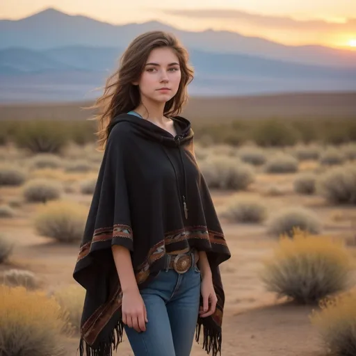 Prompt: Full body image of an 18 year old petite Wild West girl without hat, (soft features), (wispy shoulder-length brown hair), wearing a (black poncho) and (blue jeans), set against a sunset-drenched desert landscape with sagebrush and distant mountains, a warm golden hue in the sky, (dramatic silhouettes), (vibrant colors), (4K), capturing a serene yet adventurous spirit that embodies the essence of the Wild West.