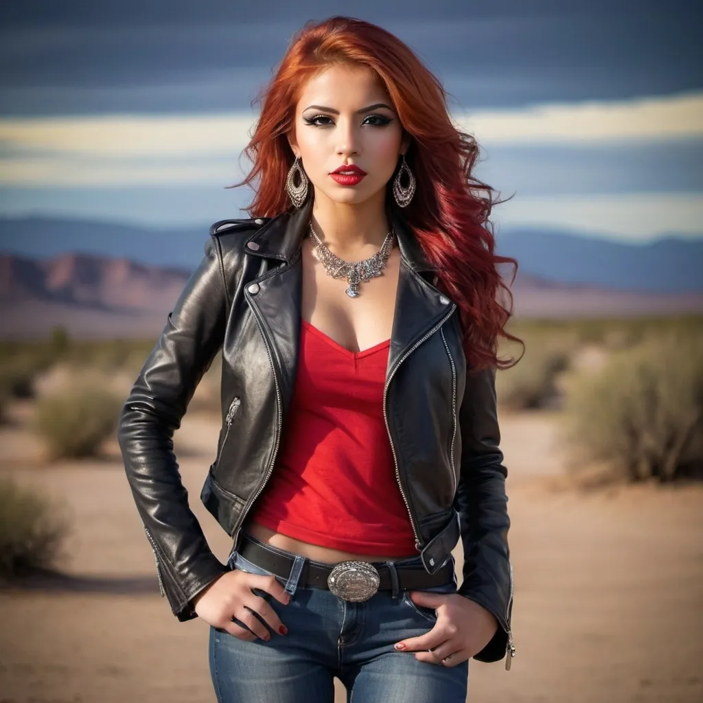 Prompt: Prompt: (glamorous young woman), 23 years old, (red-haired Latina), stylish black leather jacket, chic black boots, striking red low-cut shirt, fashionable long jeans, adorned with heavy jewelry, bold makeup look, confident pose, desert background, high-quality portrait, (dramatic lighting), captivating ambiance.