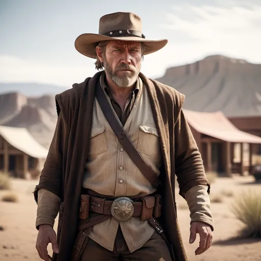 Prompt: (wild west old obi wan kenobi crossed with arthur morgan), (full body), rugged cowboy attire and hat, detailed facial features, with a wise and fierce expression, contrasting light and shadow, dusty backdrop of a lonely desert town, vibrant warm tones, cinematic atmosphere, high-quality 4K, intricate details capturing both the nobility of a Jedi and the grit of an outlaw.