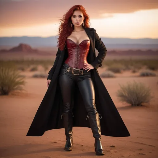 Prompt: (23-year-old red-haired Latina cowgirl), standing confidently in a dark red corset and elegant black longcoat, full body shot, vibrant desert background at sunset, warm golden and crimson tones illuminating the scene, dramatic shadows, ultra-detailed, capturing an adventurous and daring spirit, dynamic pose, rugged leather boots, striking facial features, showcasing both strength and beauty.