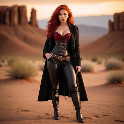 Prompt: (23-year-old red-haired Latina cowgirl), standing confidently in a dark red corset and elegant black pants and longcoat, full body shot, vibrant desert background at sunset, warm golden and crimson tones illuminating the scene, dramatic shadows, ultra-detailed, capturing an adventurous and daring spirit, dynamic pose, rugged leather boots, striking facial features, showcasing both strength and beauty.