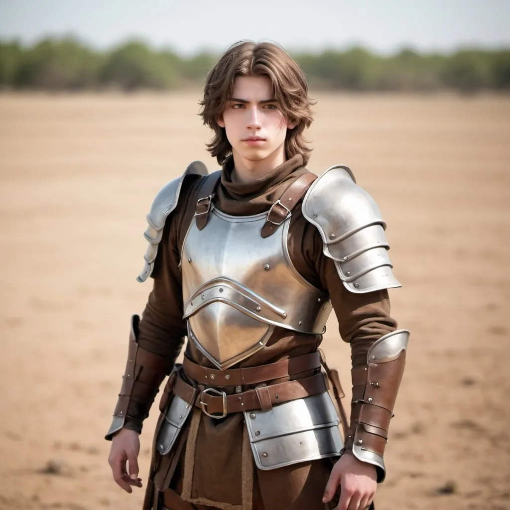 Prompt: Cute 21 year old man wearing brown light leather armor, standing on empty battlefield, shoulder length hair, fullbody head to toe