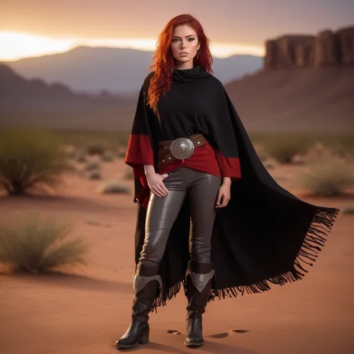 Prompt: (23-year-old red-haired Latina cowgirl), standing confidently in black and red poncho, gray pants, and jedi robes, full body shot, vibrant desert background at sunset, warm golden and crimson tones illuminating the scene, dramatic shadows, ultra-detailed, capturing an adventurous and daring spirit, dynamic pose, rugged leather boots, striking facial features, showcasing both strength and beauty.